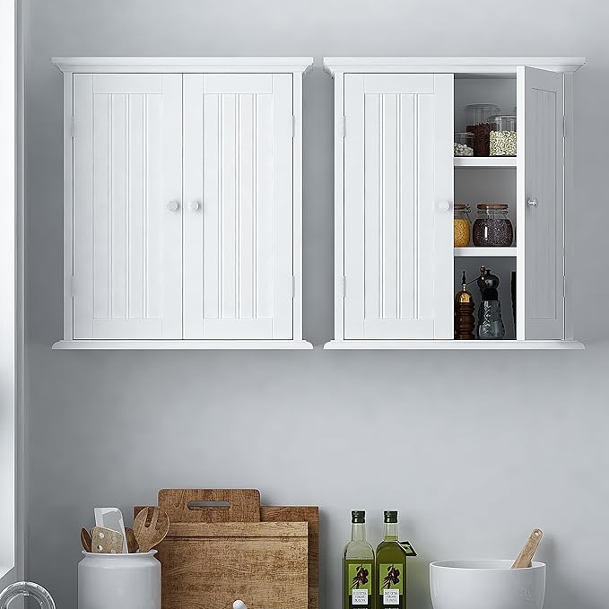 hooChoo Bathroom Wall Cabinet Set of 2, Over The Toilet Space Saver Storage Cabinet, Medicine Cabinet with 2 Door and Adjustable Shelves, Cupboard, White