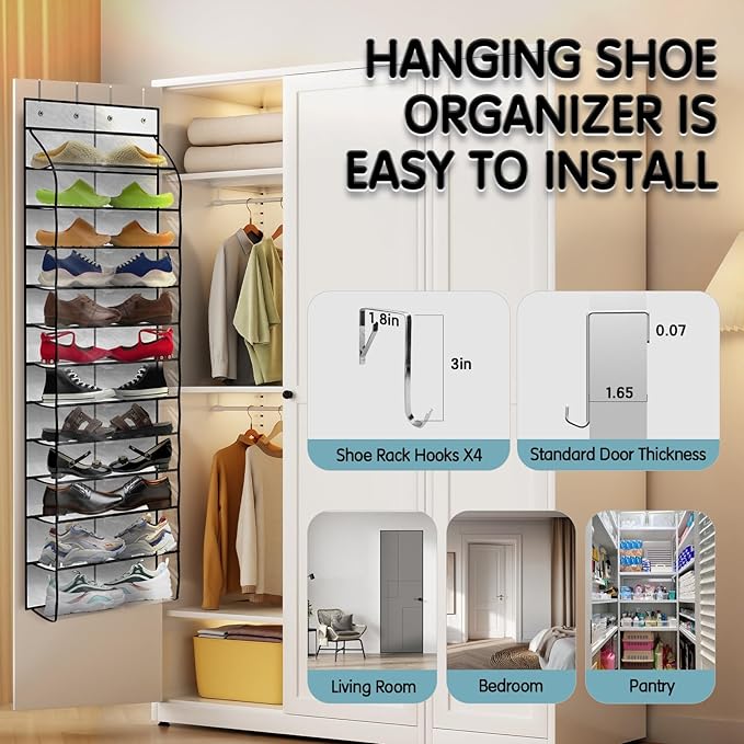 Over The Door Shoe Organizer with 12 Large Clear Pockets - Durable Hanging Storage for Family Shoes - White
