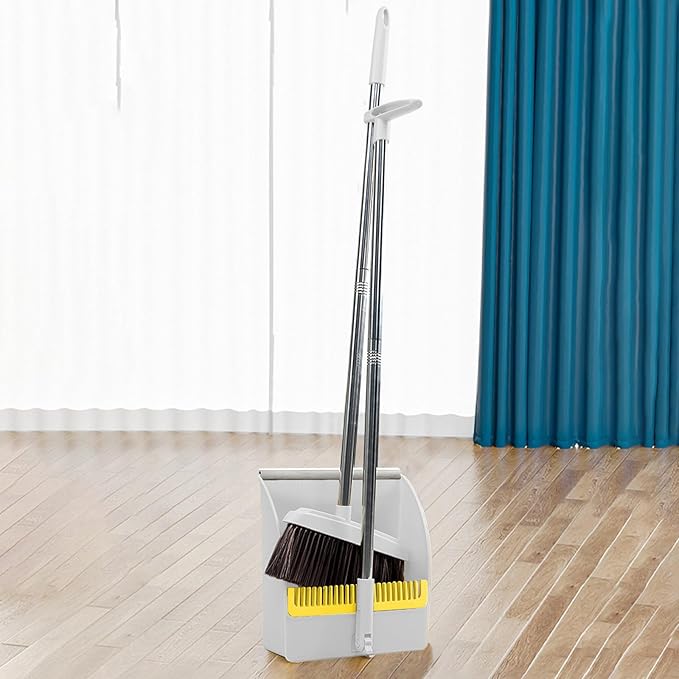 42.7'' Broom with Dustpan Combo Set, House Warming Gifts New Home, Dust pan and Broom Set, Long Handle Broom with Stand Up Dustpan Combo Set for Office Home Kitchen Lobby Floor Use (Khaki)