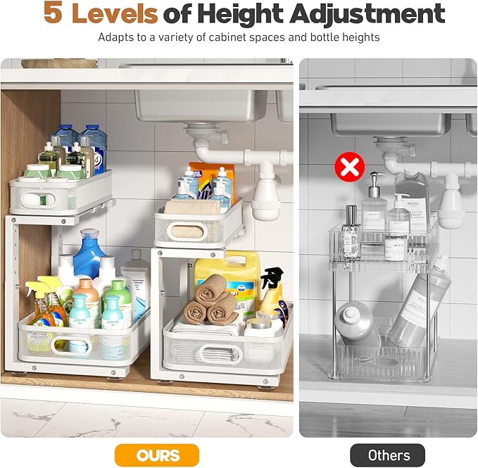 1 Pack 15.7IN-Depth Under Sink Organizer With Smooth Cylindrical Rail,2-Tier Pull Out Multi-Purpose Cabinet Storage for Bathroom&Kitchen,Height Adjustable,Rust-resistant Coating-White