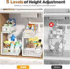 2 Pack Under Sink Organizer With Smooth Cylindrical Rail,2-Tier Pull Out Multi-Purpose Cabinet Storage for Bathroom&Kitchen,Height Adjustable,Rust-resistant Coating-White