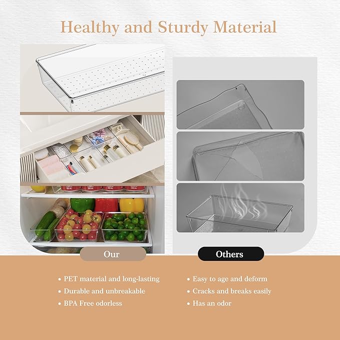 Criusia Drawer Organizer, 5-Size Versatile Bathroom and Vanity Organizer Trays, 20 Pack Clear Plastic Kitchen Drawer Organizers Set, Storage Bins for Makeup, Bathroom, Jewelries and Office