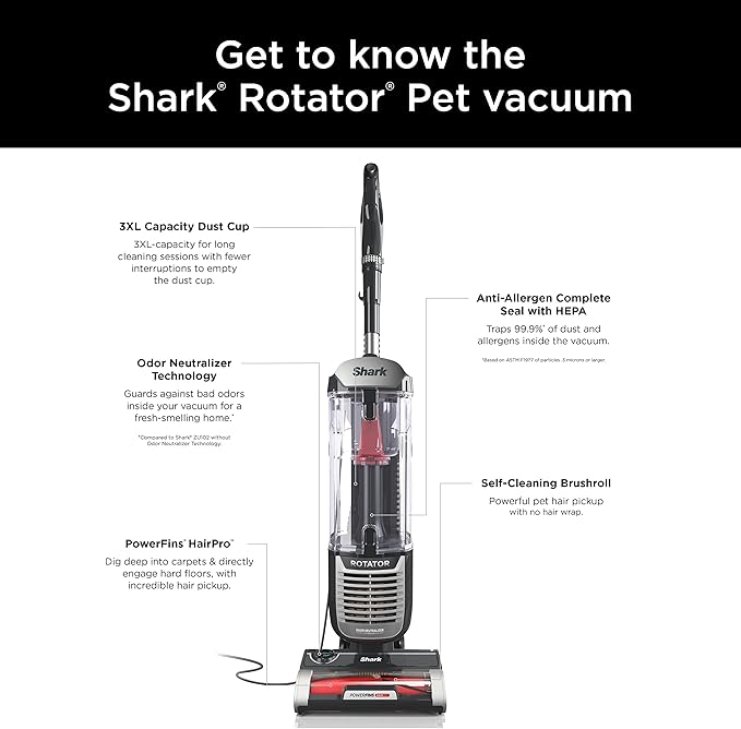 Shark ZU102 Rotator Pet Upright Vacuum with PowerFins HairPro & Odor Neutralizer Technology, Charcoal, 2.9 L Dust Cup