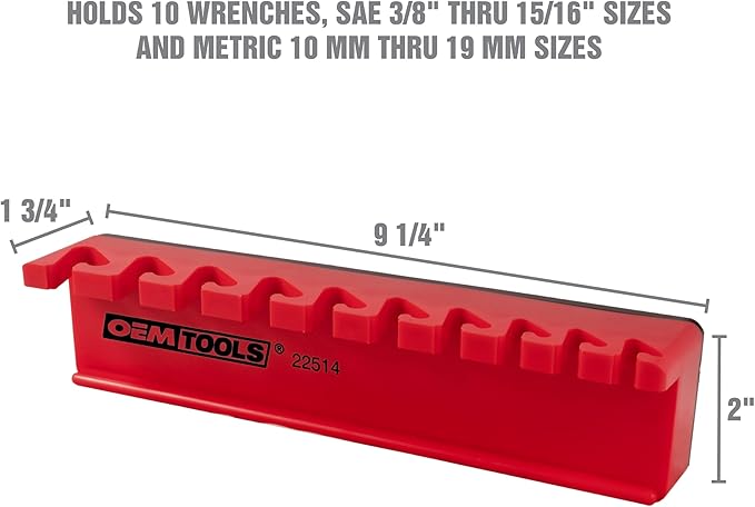 OEMTOOLS 22514 Magnetic Wrench Holder and Tool Organizer, Magnet Holds Up To 10 Wrenches To Most Metal Surfaces, SAE and Metric, 9.25 Inch Magnetic Tool Holder For Shop Or Garage, Red