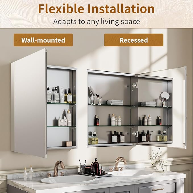 BEAUTYPEAK Bathroom Medicine Cabinet Mirror with Storage, 20 Inch x 24 Inch Silver Medicine Cabinet with Single Door & Adjustable Shelves for Vanity, Tempered, Aluminum Surface, Wall-mount or Recessed