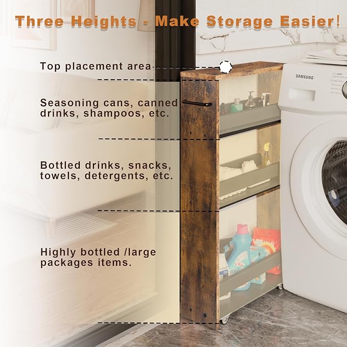 TEAMIX 4 Tier Slim Storage Cart with Handle, Slide Out Storage Rolling Utility Cart Mobile Shelving Unit Organizer Trolley for Small Spaces Kitchen Laundry Narrow Places