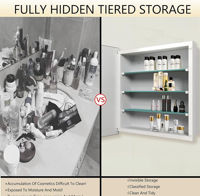 Bathroom Medicine Cabinet with 20x20 in Square Beveled Frameless Mirror,Wall Mounted Mirror Cabinet for Bathroom Toilet Kitchen,Recess or Surface Mount,Already Assembly