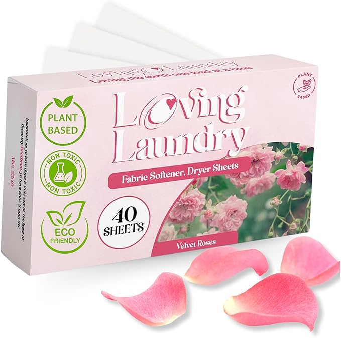 Non-Toxic Dryer Sheets Eco Friendly, Paraben Free, Plant Based | Softens & Removes Static, Healthy dryer sheets - 40 Sheets (VELVET ROSES)