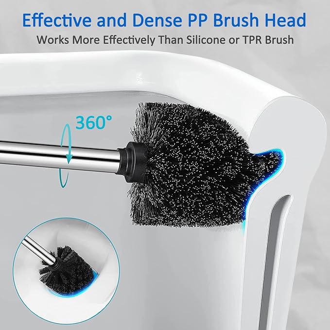 Toilet Bowl Brush and Holder, Toilet Brush with Stainless Steel Handle and Durable Bristles for Bathroom Cleaning, Automatic Closing Holder Set (Silver)