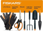 Fiskars Vegetable Garden Tool Set with Vegetable Shears, Seed Sower, Trowel, Cultivator, Weeder, and L/XL Garden Gloves for Indoor or Outdoor Gardening (6 Piece Kit)