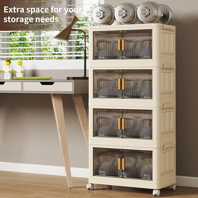 28 Qt Plastic Storage Bins with Lid, Collapsible Closet Organizer and Storage Drawers, Stackable Storage Containers with Wheels, Clothes Storage Cabinet Home Organization, 4Pack