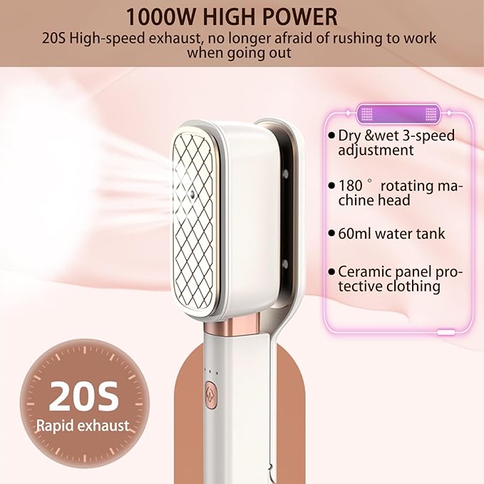 Steamer for Clothes 1000W， 180 °Rotating Head Clamp Ironing Multifunctional Steam Iron，Portable Wet Dry Handheld Wrinkle Remover Suitable for Home, Travel & Dormitory (White)