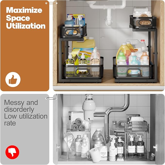 2 Pack 17.3IN-Depth Under Sink Organizer with Smooth Cylindrical Rail,2-Tier Pull Out Multi-Purpose Cabinet Storage for Bathroom&Kitchen,Height Adjustable,Rust-Resistant Coating-Black
