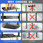 2-Tier Wall-Mounted Towel Rack with Hooks & Shelf, Black Metal Towel Holder for Small Bathrooms (Standard Version)