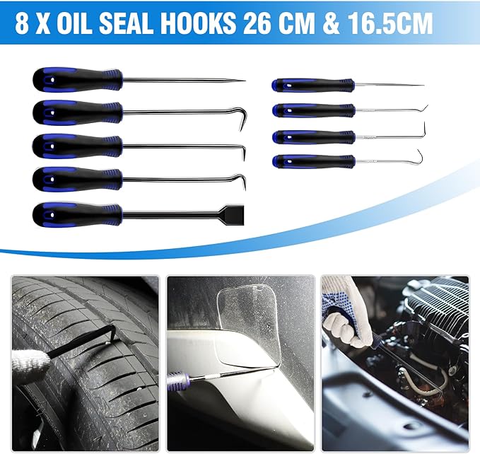16-Piece Automotive Tool Kit with Storage Bag- Oil Seal Hook Set, Clip Remover, Gasket Scraper & Pry Tools, Includes Work Gloves for Car Repair & Mechanical Maintenance (Blue)