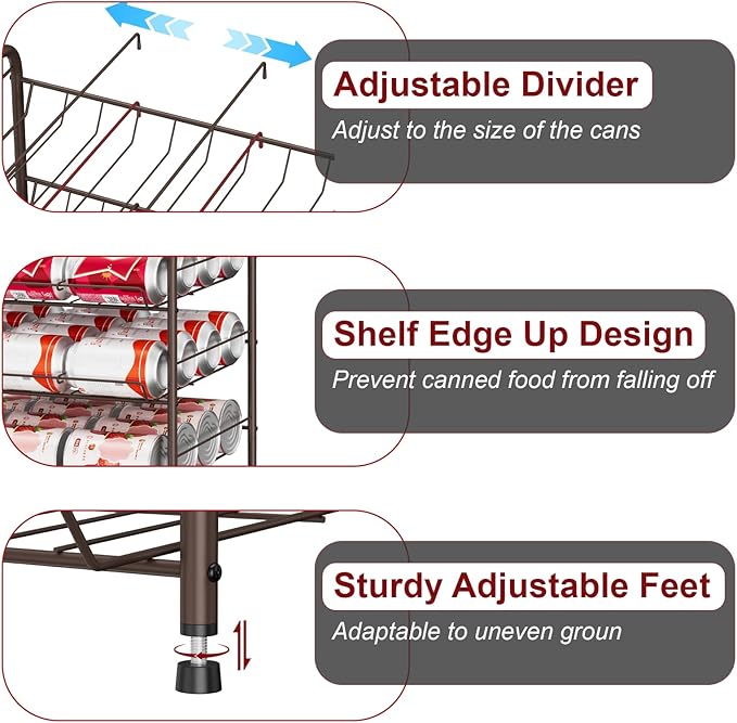 Vrisa Can Rack Organizer 5 Tier Cans Storage Organizer for Pantry Metal Can Food Holders Stacking Canned Goods Dispenser Rack Soda 60 Cans Organizers for Kitchen Pantry Cabinet, Rustic Brown