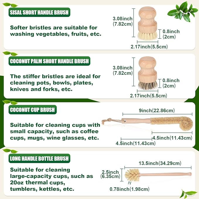 8 Pcs Bamboo Dish Brush Dish Washing Scrub Bottle Brush Wooden Palm Pot Brush Cleaning Scrubbers with Natural Sisal Bristles Long Handle for Pots Pans, Bottle, Sink, Vegetables, Household Cleaning