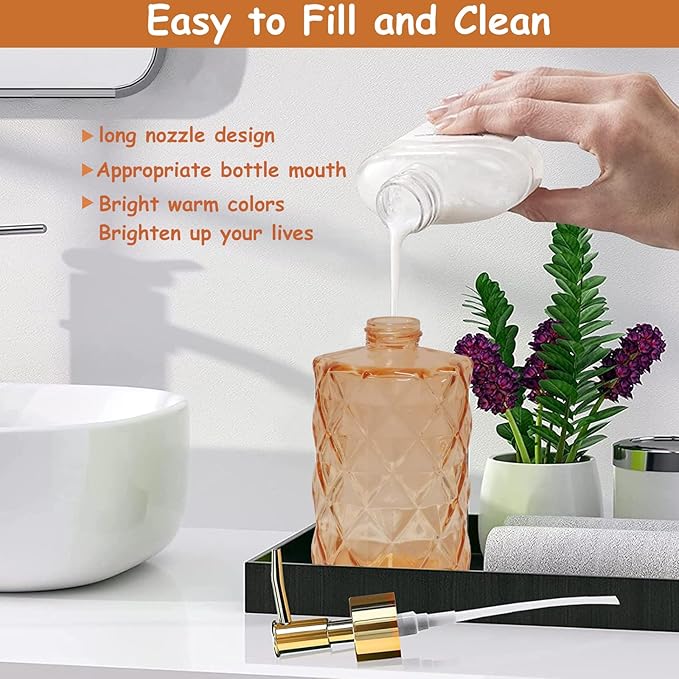 Glass Soap Dispenser with Gold Plastic Pump, 12oz Refillable Liquid Hand Soap Dispenser, Crystal Lotion Bottle for Modern Home Decor, Bathroom, Kitchen Countertop, Hotel(Amber)