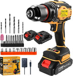 21V Cordless Power Drill/Driver Set, 2 Variable Speeds with LED Light, 3/8" Keyless Chuck, 2 Batteries & Charger, 28-Piece Kit for Home Use(Yellow)