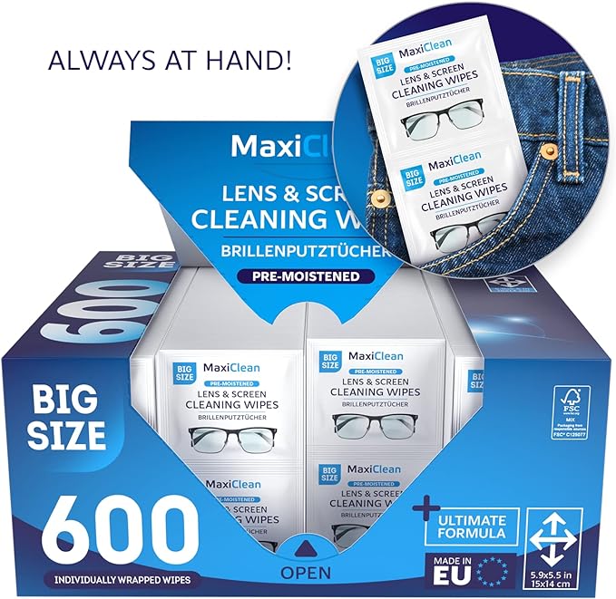 Glasses Wipes Lens Cleaner - Lens Wipes for Eyeglasses - 600 Pre-moistened Individually Wrapped Wipes for Eye Glasses, Electronics, Phone, Computer, Laptop Screen - Camera Lens Cleaner - Made in EU