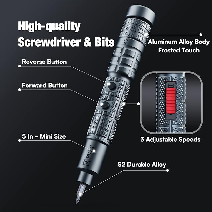 PKEY Cordless Electric Screwdriver Set, Mini Electric Screwdriver, 28 Magnetic Bits, 3 Gears Torque, Two batteries，Rechargeable Portable Repair Tool Kit for Electronics Laptops Clocks Glasses Camera