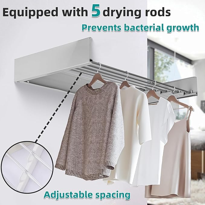 Laundry Drying Rack Collapsible, Wall Mounted Clothes Drying Rack. 31.5" Wide, 13.1 Linear Ft, 5 Aluminum Rods, with Wall Template, Screwdriver Bit(White)