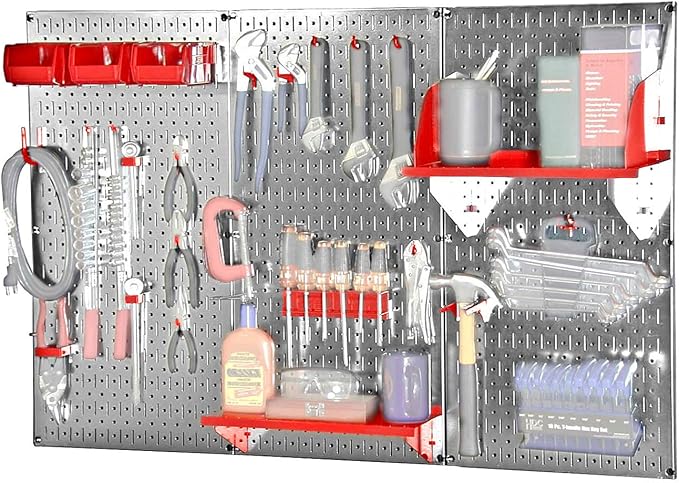 Wall Control 30WRK400GVR 4-Feet Metal Pegboard Standard Tool Storage Kit with Galvanized Toolboard and Red Accessories