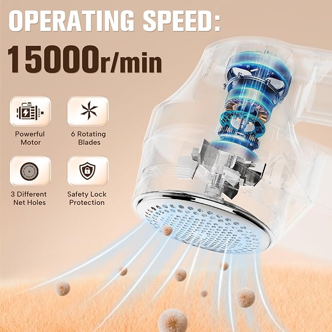 DBC Fabric Shaver with 15000r/Min Powerful Motor, LED Display, 3-Speeds, 6-Leaf Blades, Large Shaving Head Lint Remover for Clothes, Lint Ball, Furniture, Fuzz - Blue & White