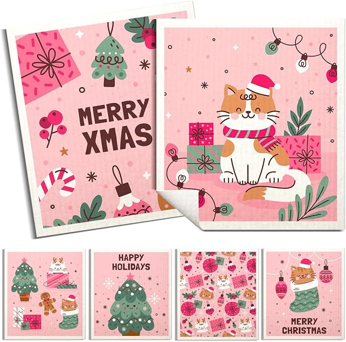 6 Pack Swedish Dishcloths for Kitchen |Watercolor Dish Towels | Reusable Paper Towels Washable | Non-Scratch Cellulose Sponge Cloths | No Odor, Biodegradable, Swedish Cloths, Pink Cat