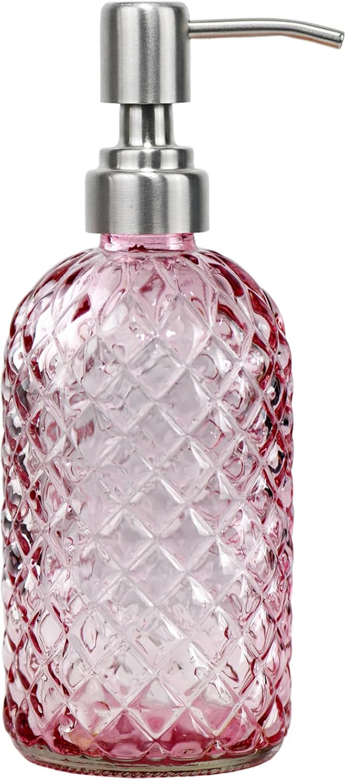 16 oz Soap Dispenser with 304 Rustproof Stainless Steel Pump, Kitchen, Bathroom Refillable Glass Liquid Soap Dispenser for Hand Soap, Soap, Lotion. (Pink)