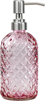 16 oz Soap Dispenser with 304 Rustproof Stainless Steel Pump, Kitchen, Bathroom Refillable Glass Liquid Soap Dispenser for Hand Soap, Soap, Lotion. (Pink)
