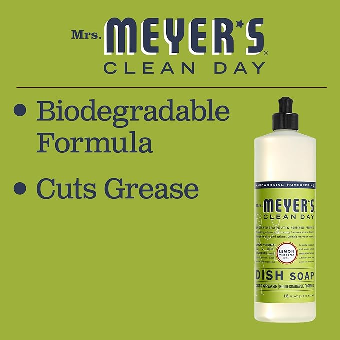 MRS. MEYER'S CLEAN DAY Liquid Dish Soap, Biodegradable Formula, Lemon Verbena, 16 fl. Oz