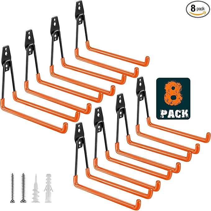 Heavy Duty Garage Hooks 8 Pack, 7.7 inch U Shaped Long Hanger, Wall Mounted Storage System, Power and Garden Tool Organizer, for Hanging Ladders, Bikes, Hose, Bulk Items and More