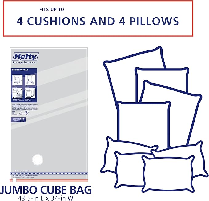 Hefty Shrink-Pak Vacuum Storage Bags – For Clothes, Pillows, Towels, Blankets & More – Space Saver Vacuum Suction Sealer Bags for Home or Travel – 4 Jumbo Cubes, 43.5 x 34 x 18 Inches