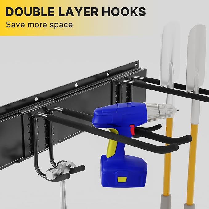 Garage Organization, Garage Tool Organizer Wall Mount with 48 inches Rails and 6 Double-layer Hooks, Tool Organizer Rack For Yard Tools, Shovel, Chair, Snowborad
