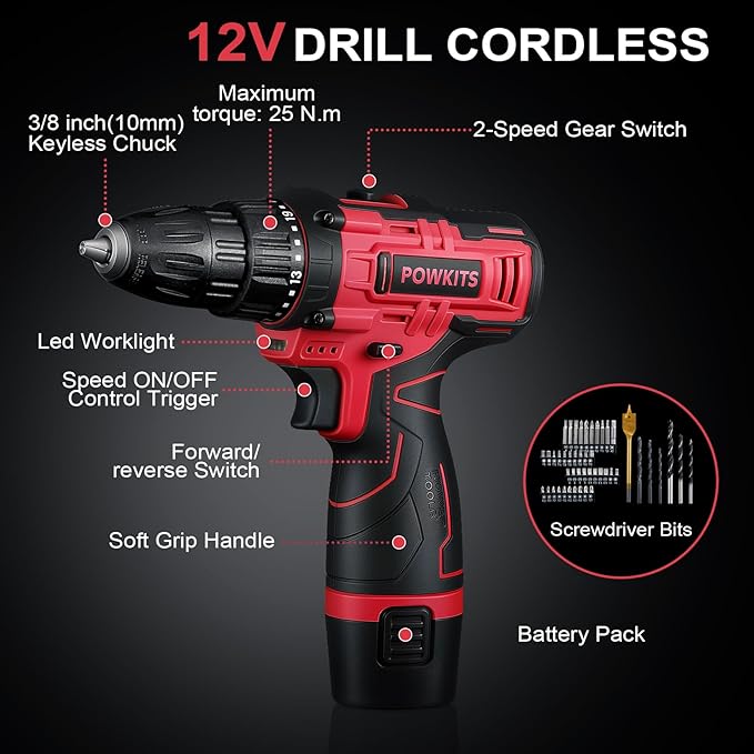 Cordless Drill Tool Set: 12V Power Drill Tool Kit with Laser Level, Battery & Charger, 142Pcs Home Hand Repair Tools Box, Portable Household Basic Drills Case for Men & Women, Red