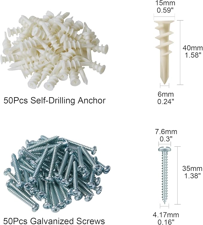 KURUI #8 Self Drilling Drywall Anchors with Screws Kit, Heavy Duty Dry Wall Anchors for Hanging Sheetrock, 50 Self-Tapping Plastic Drywall Hangers 50 Sheet Rock Screws, 100PCs Mounting Hardware -75LB