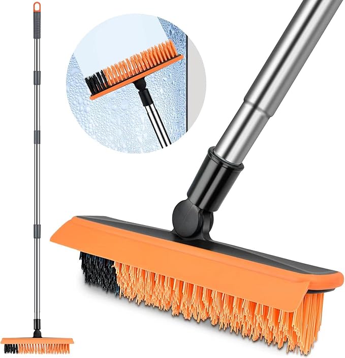2 in 1 Floor Brush Scrubber with Long Handle Telescopic 3 Poles 61.8'' Grout Brush Scrape Stiff Bristle Cleaning Scrub Brush with Squeegee 180°Rotating Tile Brush for Cleaning Bathroom Glass Patio