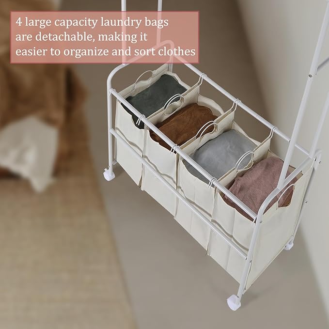 Laundry Sorter 4 Sections,Laundry Basket Organizer with Double Hanging Bars,Laundry Sorter Cart with Hanging Clothes Rack for Laundry Room for Bedroom Laundry Room Clothing Storage, White