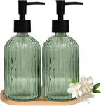 Glass Hand and Dish Soap Dispenser Set of 2 with Plastic Pumps, Bamboo Tray, 13.5oz Green Bathroom Soap Dispenser with Vertical Stripe for Hand Wash & Dish Wash, Ideal for Bathroom Kitchen Countertop