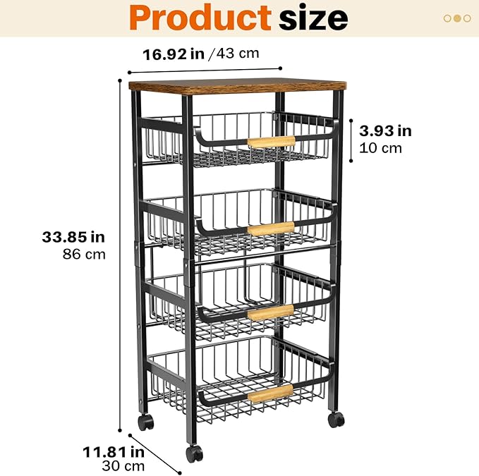 5-Tier Rolling Utility Cart, Kitchen Storage Cart with Wheels, Large Capacity Utility Cart with Wooden Tabletop & Mesh Baskets for Kitchen, Bathroom, Laundry Room