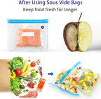 Sous Vide Bags 31 Pcs (24 Pcs Vacuum Zipper Bags & 2 Seal Clips & 5 Air Valves),Reusable BPA Free Vacuum Sealer Bags Vacuum Food Storage Bags for Cooking/Food Storage/Microwave Heating