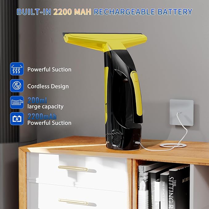 Cordless Window Vacuum Squeegee, Window Vac with Detachable Water Tank and Strong Suction, Electric Window Cleaning Tool for Shower Wall, Mirror, Glass, Car Windshield, Countertop, Tile
