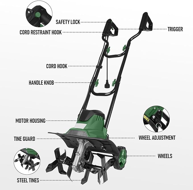 14 Inch 10 Amp Electric Tiller/Cultivator, 4 Steel Tines Tillers with Adjustable Wheels, 9" Tillling Depth Electric Rototiller for Lawn, Yard and Garden Digging