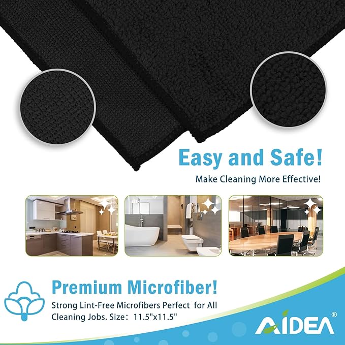 AIDEA Microfiber Cleaning Cloth Black 24PK, Microfiber Towels for Cars, Premium Car Cloths, Dusting Cloth Lint Free Cleaning Rags for SUVs, House, Kitchen, Window, Workshops,11.5×11.5"