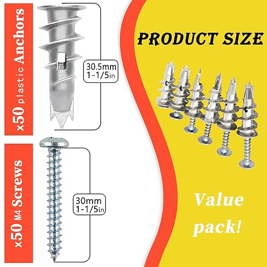 100PCS Zinc Self-Drilling Drywall Anchors, 50 Heavy Duty Hollow Metal Wall Anchors and 50#8 x 1-1/4'' Screws, Sheetrock Anchors and Screws Kit