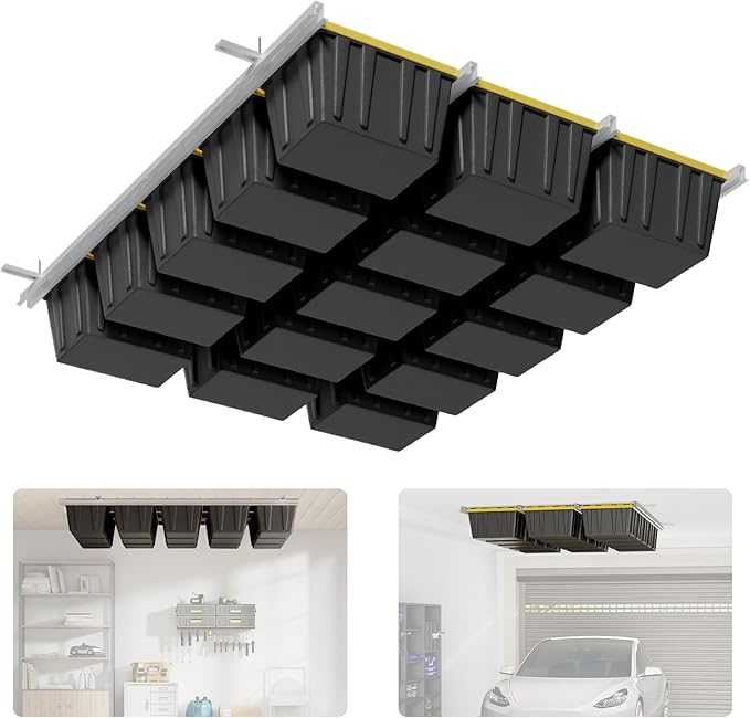 Overhead Garage Storage Rack Extra Large-Organizes Up to 15 Tote Bins 0.1-inch Thickened Heavy Alloy Steel Garage Tote Storage System with Adjustable Rails-Ceiling Storage Rack