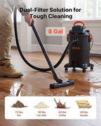VEVOR 3-in-1 Shop Vac, 8 Gallon Wet Dry Shop Vacuum, 4.5 Peak HP Portable Vacuum Cleaner with Blower, Dual-Filter, 950W Input Power, 1.25in x 7ft Hose, 9.8ft Cord for Jobsite, Workshop, Garage, Home