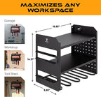 Power Tool Organizer - Wall Mount Storage for Garage Organizes 4 Cordless Drills & Tools - Heavy Duty Rack w Pegboard Sides Shelves & Hooks - Neatly Holds Screwdrivers & Drill Bits BLACK/BLACK
