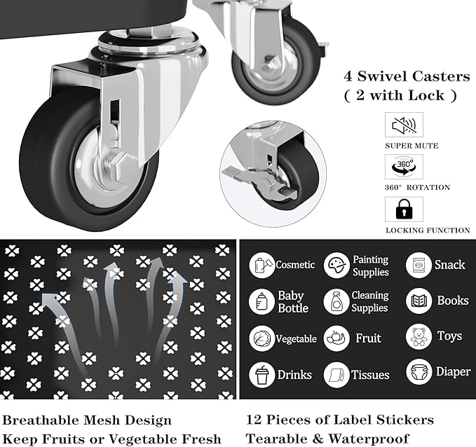 UDEAR 3-Tier Rolling Utility Cart with 12 Category Labels,Multifunctional Comagtable Rolling Shelving with Handle and Lockable Wheels for Room,Office,Kitchen,Bathroom,Black